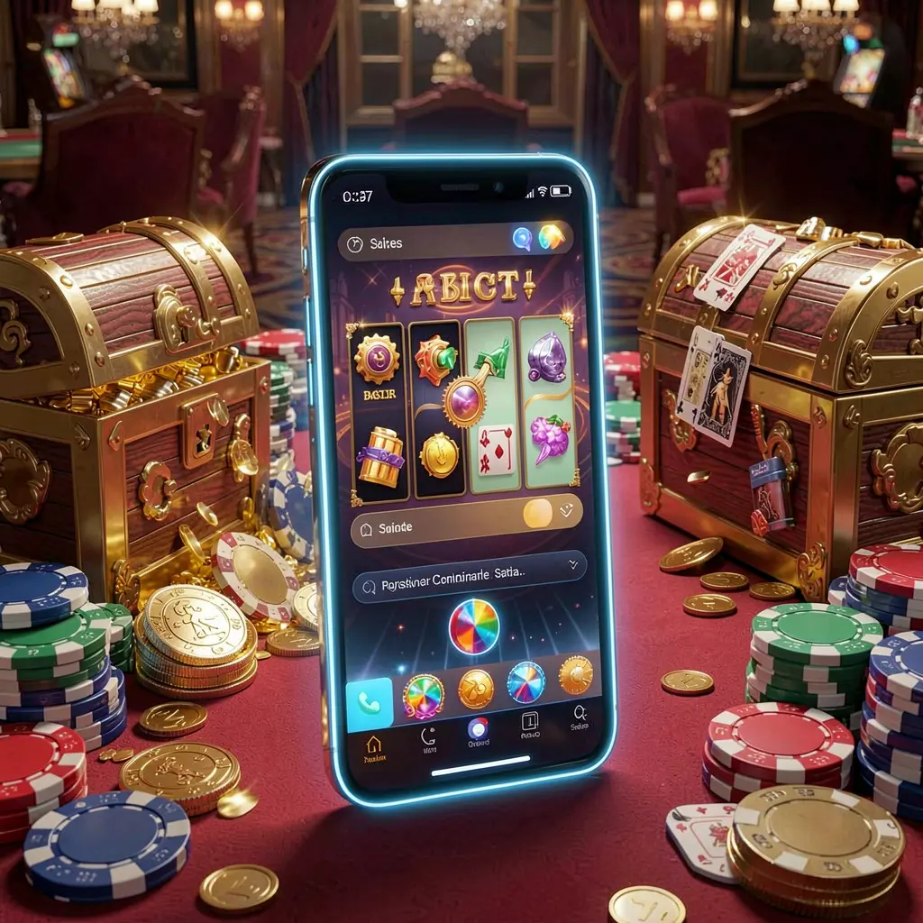 Teléfono inteligente brillante que muestra la APK de casino CACAO777 con diseño de aplicación móvil estilo Android, rodeado de un cofre del tesoro, fichas y monedas en un renderizado 3D de lujo