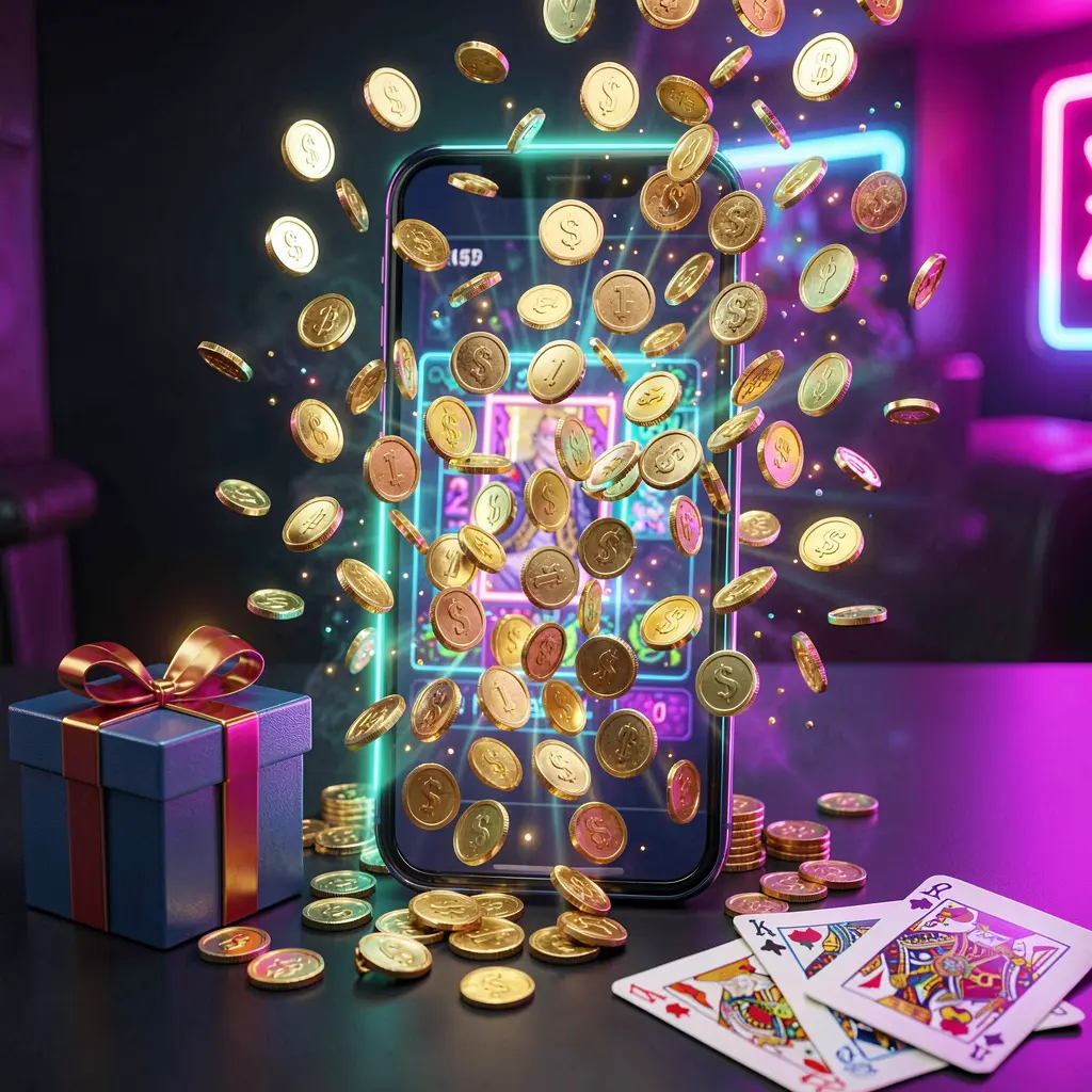 Banner de bono de casino móvil de CACAO777 con un teléfono inteligente del que salen monedas de la pantalla, una caja de regalo y cartas de juego cerca, iluminado por un brillante resplandor neón en un renderizado 3D realista de nivel premium