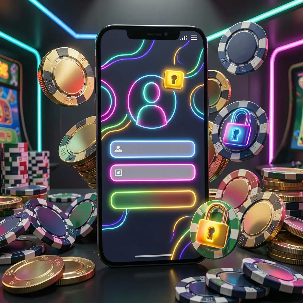Concepto de página de inicio de sesión de juegos móviles de CACAO777 en un teléfono inteligente que muestra una interfaz abstracta de inicio de sesión con iconos de usuario y candado, rodeada de fichas de casino y monedas bajo iluminación neón de lujo
