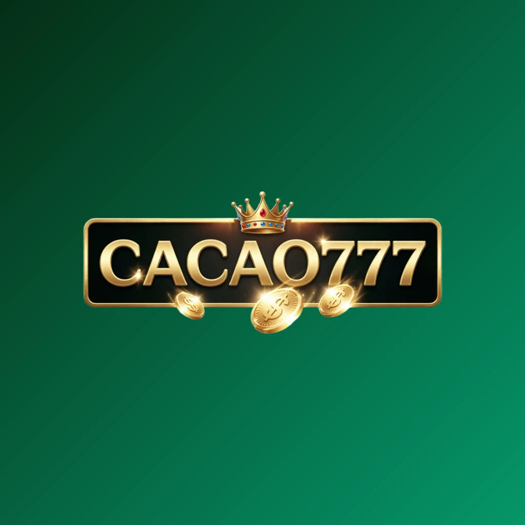 Logotipo estilo casino de CACAO777 con letras doradas, un elemento de corona y monedas brillantes, ambientado en una atmósfera de juego de lujo con fondo transparente, diseñado como una marca denominativa rectangular horizontal amplia para el encabezado de un sitio web