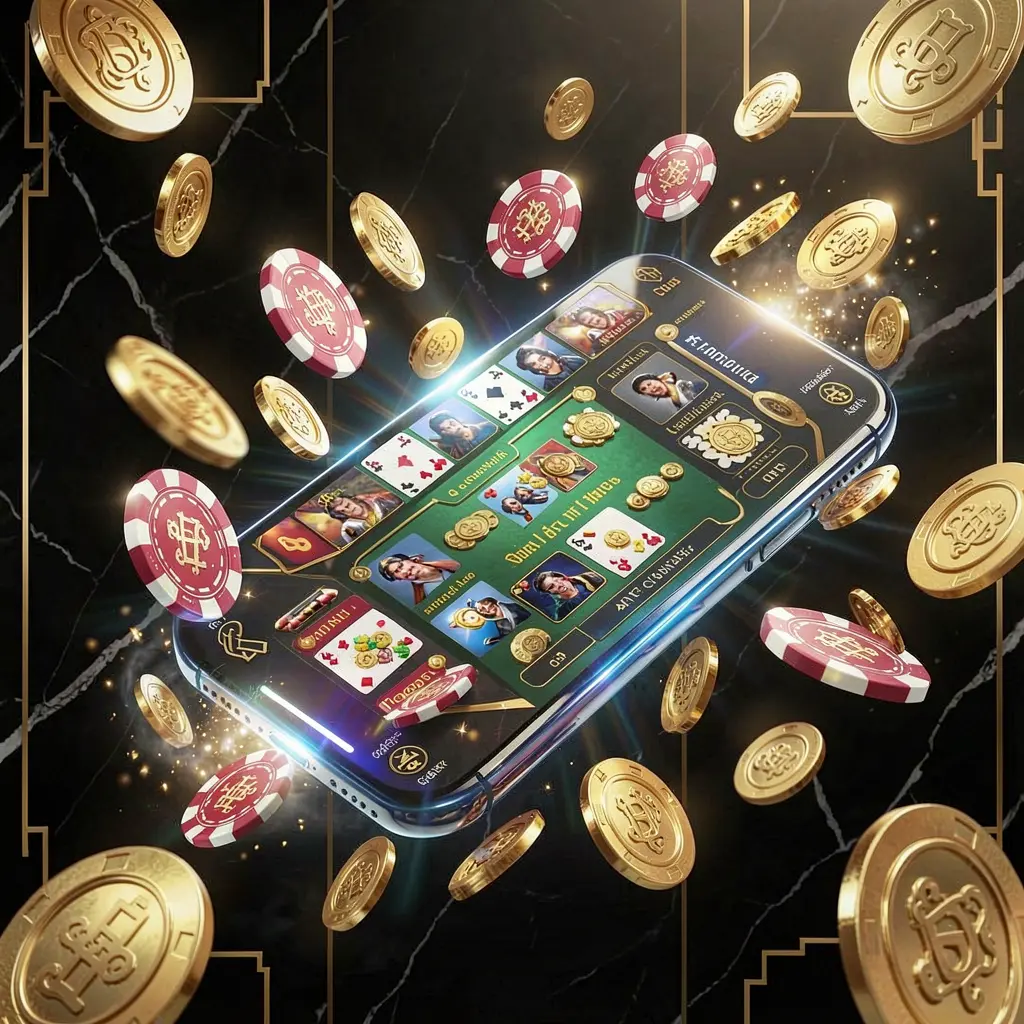 Página principal moderna de casino en línea de CACAO777 en un teléfono inteligente con una interfaz de juego brillante, monedas y fichas volando alrededor en una atmósfera de lujo negra y dorada, ilustración 3D realista